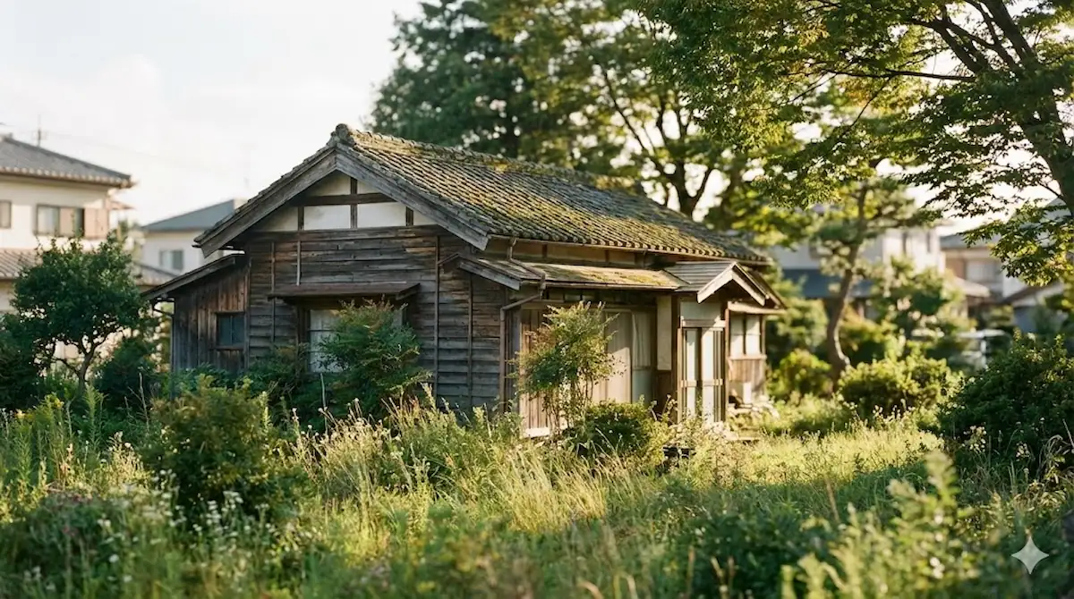 廿日市市の空き家・草が伸びた古い日本家屋の外観
