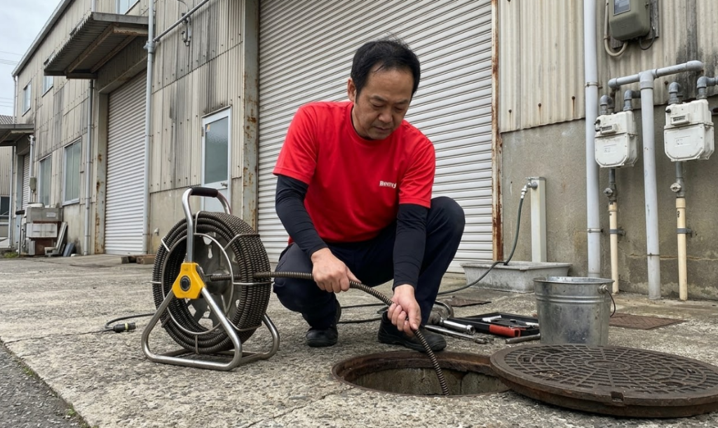 屋外のマスからトーラーを突っ込む様子